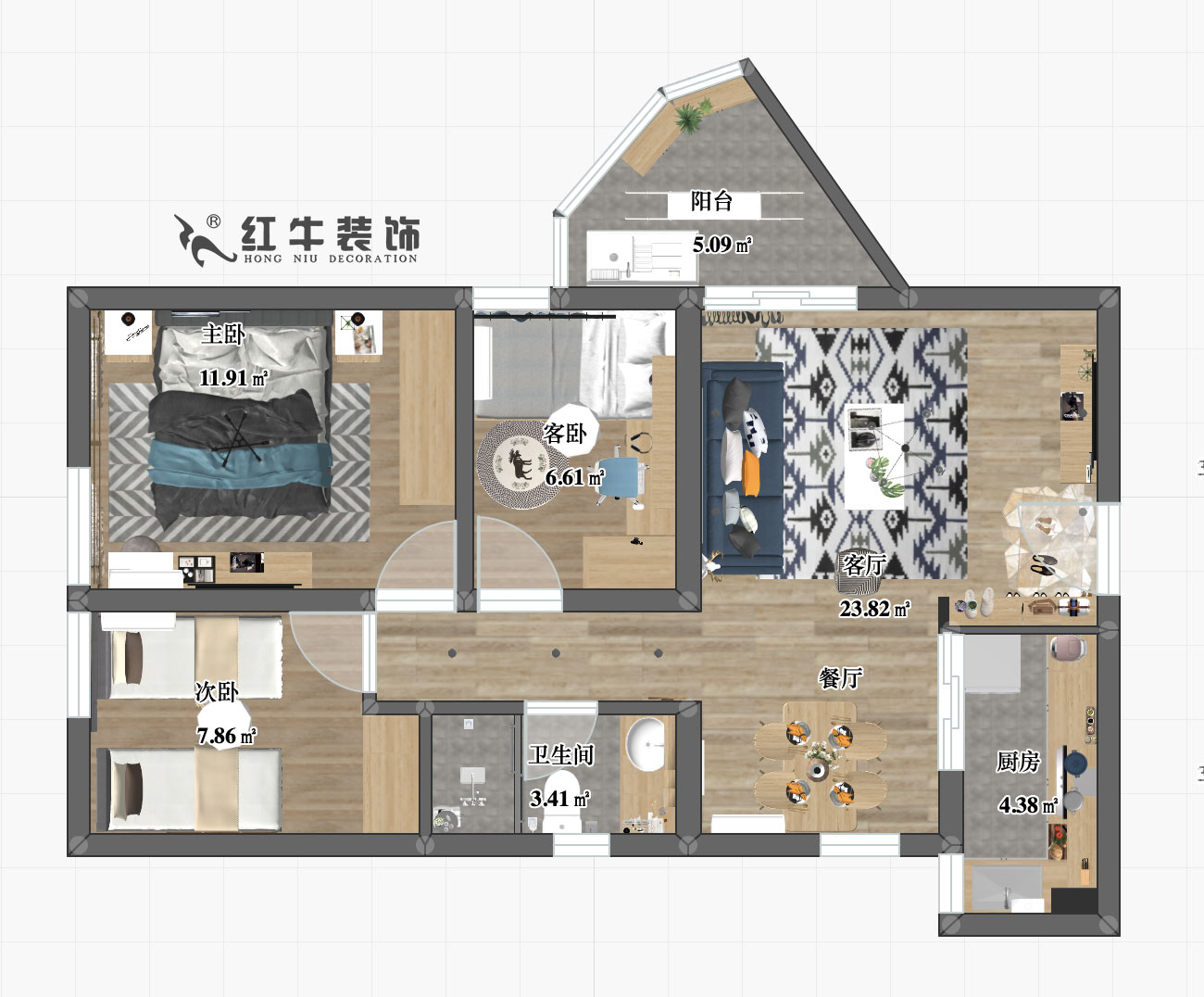 劉小勇_南灣營寧康苑38-303-90㎡-現代簡約風格_彩平圖