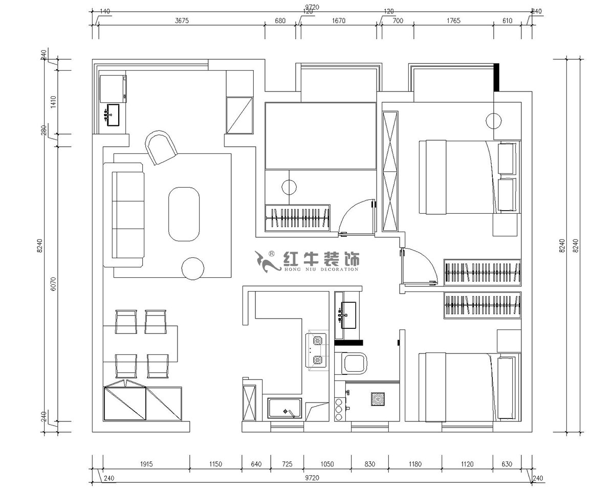 朱明琪｜仙林國際J-1802-95㎡-現代簡約風格｜3室2廳1衛｜新房裝修｜成品家￥131929｜全包13萬｜00_02平面布置圖