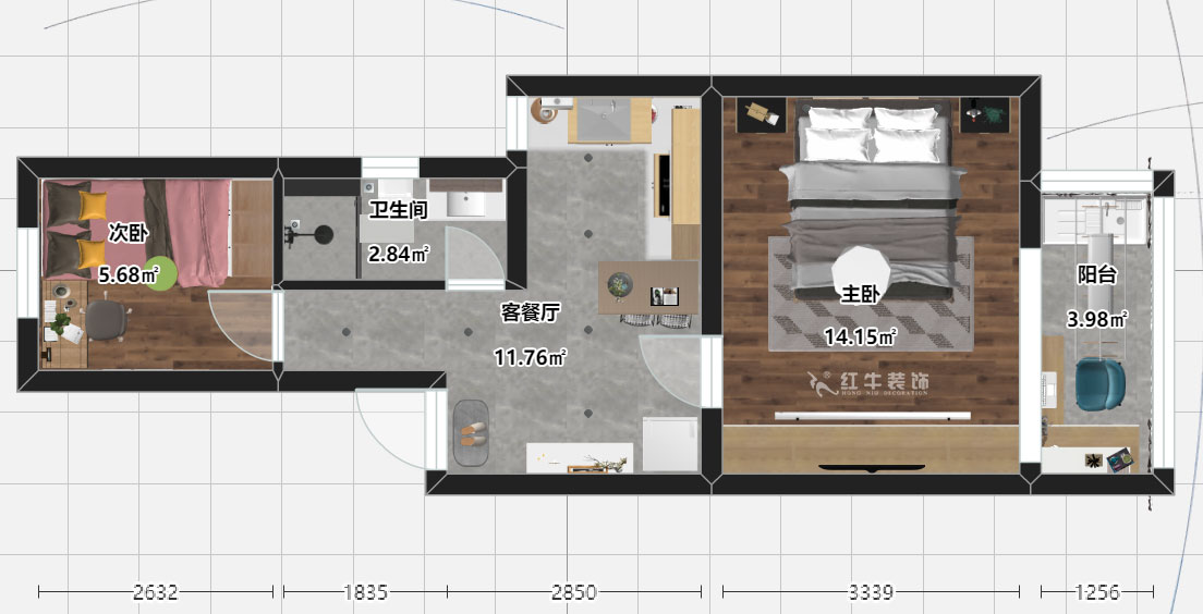 劉曉芳｜老虎頭41-701-50㎡-現代風格｜2室1廳1衛｜老房裝修｜定制家￥88740｜全包8