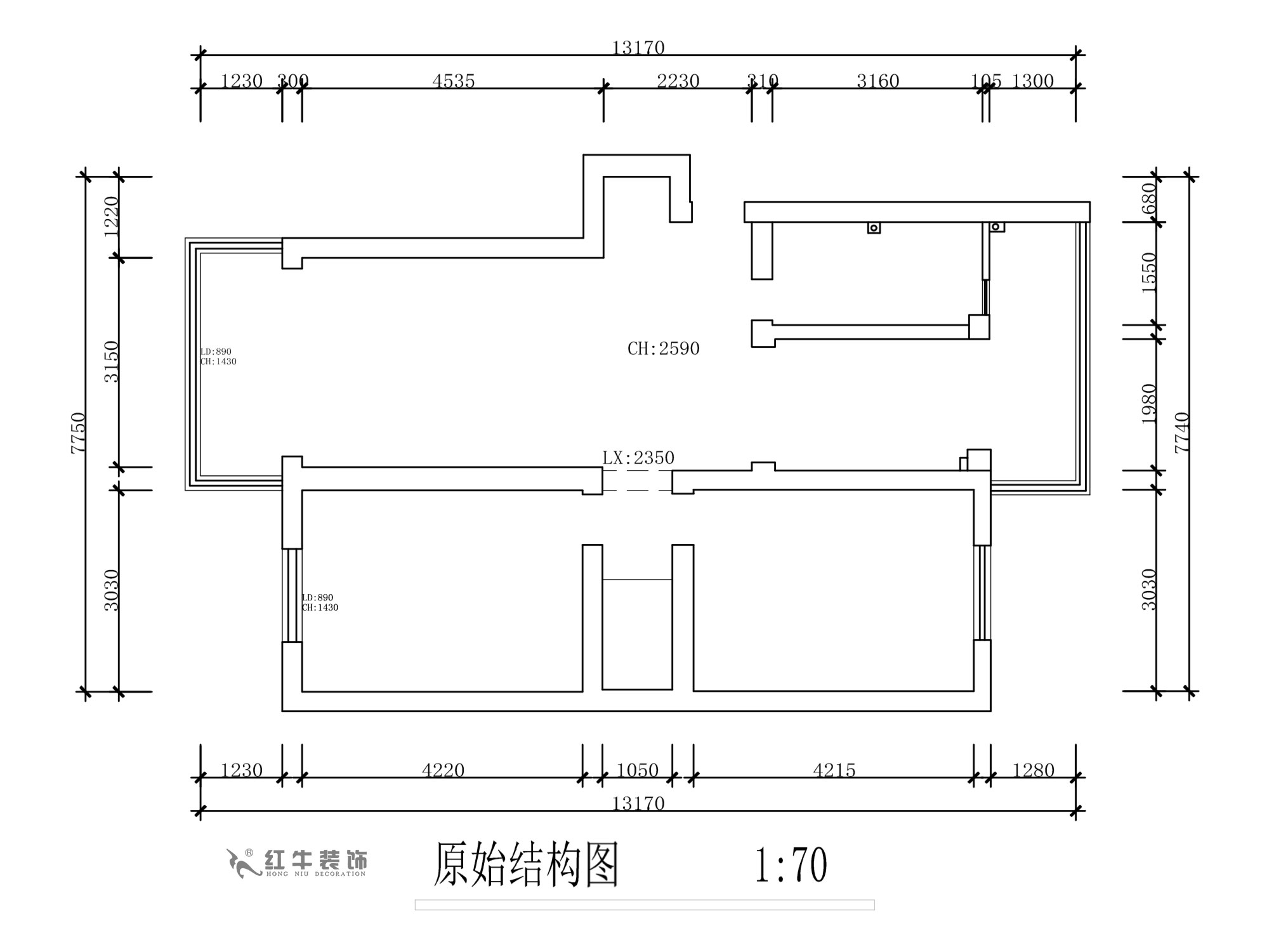 蔣?。旄@43-401-90㎡-現代簡約風格｜2室1廳1衛｜舊房裝修｜定制家￥122757｜全包12萬｜00_01原始結構圖