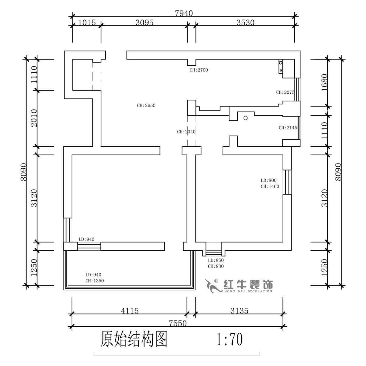 蔣琛｜公園路44號小區3-204-60㎡-現代簡約風格｜2室1廳1衛｜舊房裝修｜定制家｜全包10萬｜00_01原始結構圖