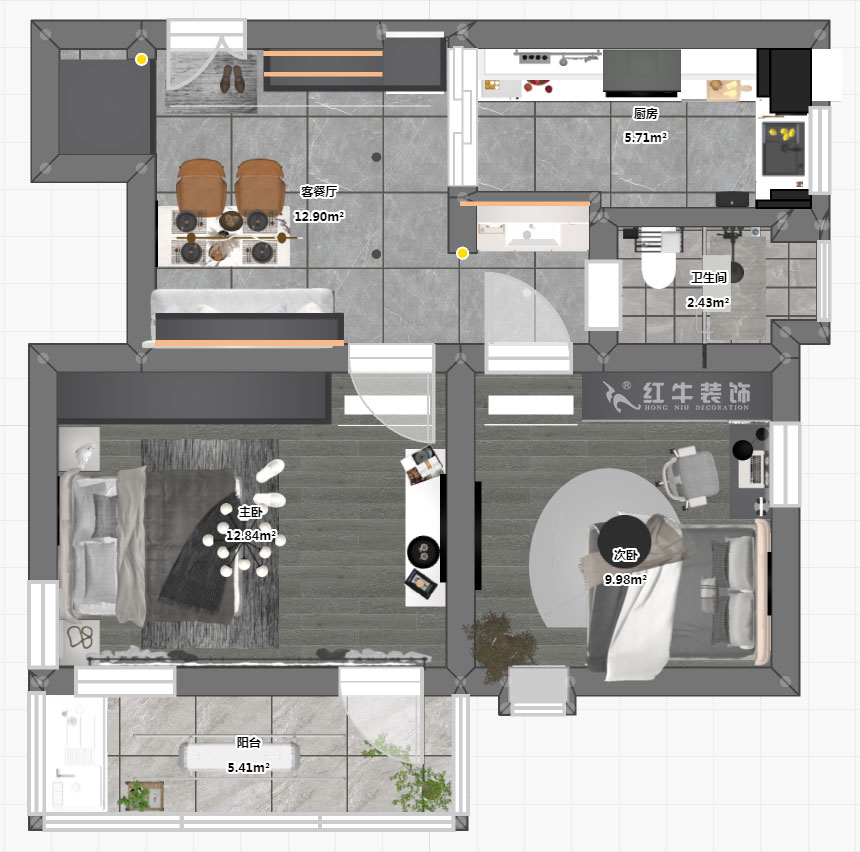 蔣琛｜公園路44號小區3-204-60㎡-現代簡約風格｜2室1廳1衛｜舊房裝修｜定制家｜全包10萬｜00_03平面彩圖