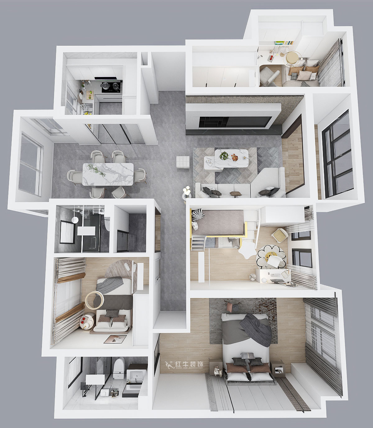 蔣琛｜電建洺悅府二期北苑5-904-135㎡-輕奢風(fēng)格｜4室2廳2衛(wèi)｜新房裝修｜定制家｜全包20萬｜00_04俯視圖