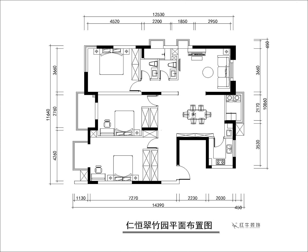 朱彥｜仁恒翠竹園26-204-130㎡-簡約風格｜3室2廳2衛｜老房裝修｜定制家｜全包20萬｜00_02平面布置圖
