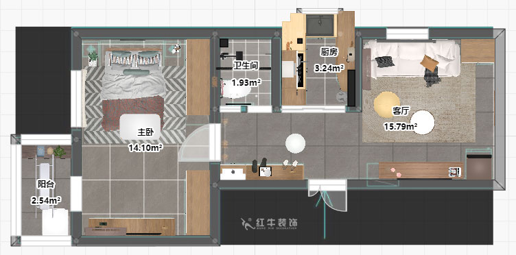孟憲濤｜大光路菜市口1號2-2-205-50㎡-簡約風格｜1室1廳1衛｜老房裝修｜定制家｜全包9萬｜00_03平面彩圖