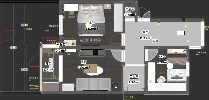 蔣琛｜安德里30號玻纖院小區14-103-65㎡-現代簡約風格｜3室1廳1衛｜老房裝修｜定制家｜全包10萬｜00_03平面彩圖