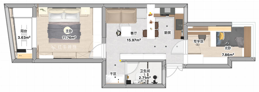 張智猿｜景明佳園拾景苑1-1-402-50㎡-現代風格｜2室1廳1衛｜老房裝修｜定制家｜全包12萬｜00_04平面彩圖