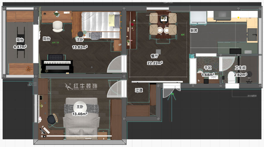 孟憲濤｜寧夏路18號3-204-70㎡-現代風格｜2室2廳1衛｜老房裝修｜定制家｜全包12萬｜00_03平面彩圖