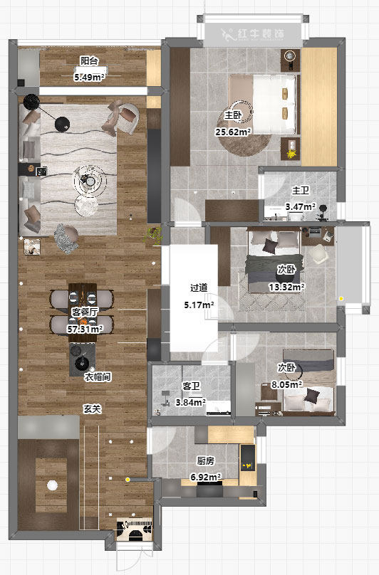 吳波｜京隆名爵府3-1107-165㎡-現代風格｜3室2廳2衛｜新房裝修｜定制家｜全包21萬｜00_04平面彩圖