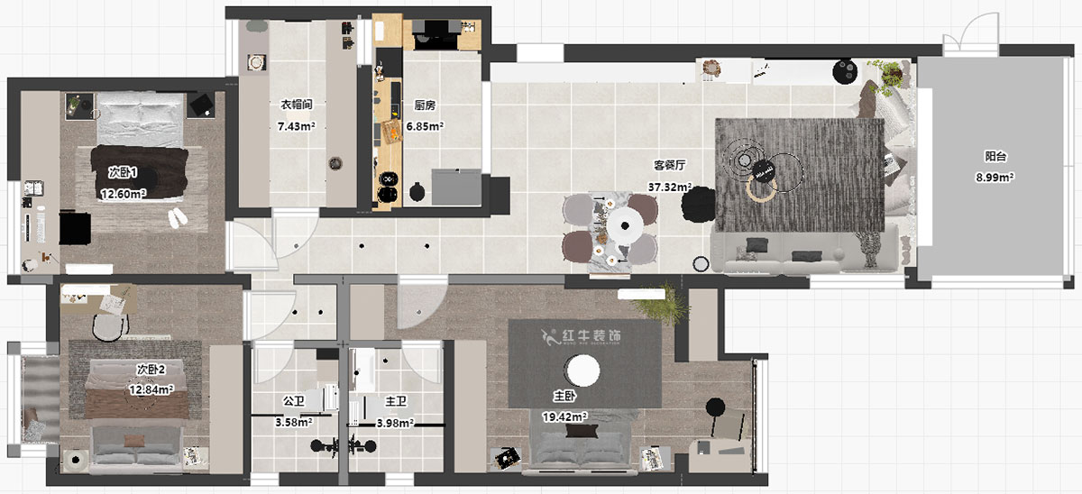 蔣琛｜尚東花園39-210-140㎡-現代簡約風格｜4室2廳2衛｜新房裝修｜定制家｜全包17萬｜00_03平面彩圖