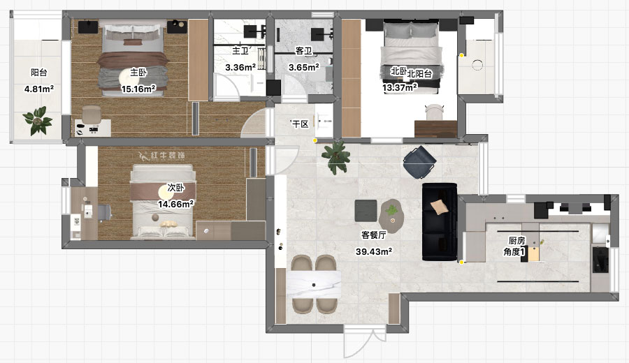劉萍萍｜正泰大廈2-1506-120㎡-現代簡約風格｜3室2廳1衛｜老房裝修｜定制家｜全包18