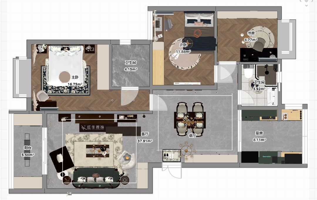 劉小勇｜江南名府3-204-115㎡-簡美風格｜3室2廳1衛｜老房裝修｜定制家｜全包13萬｜00_03平面彩圖