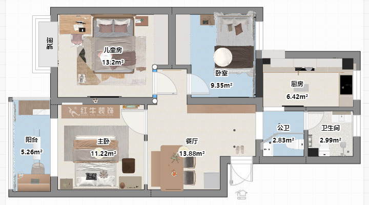 劉曉芳｜江南明珠33-3-306-84㎡-奶油風格｜3室2廳1衛｜老房裝修｜定制家｜全包10